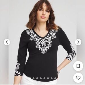 Chico's- Ikat Pima 3/4 Sleeve Everyday Tee NWT Size 2 Large Black & White Shirt